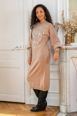 ibBan Women's Beige Hand Embroidered Winter Knit Dress - Martina