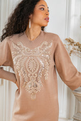 ibBan Women's Beige Hand Embroidered Winter Knit Dress - Martina