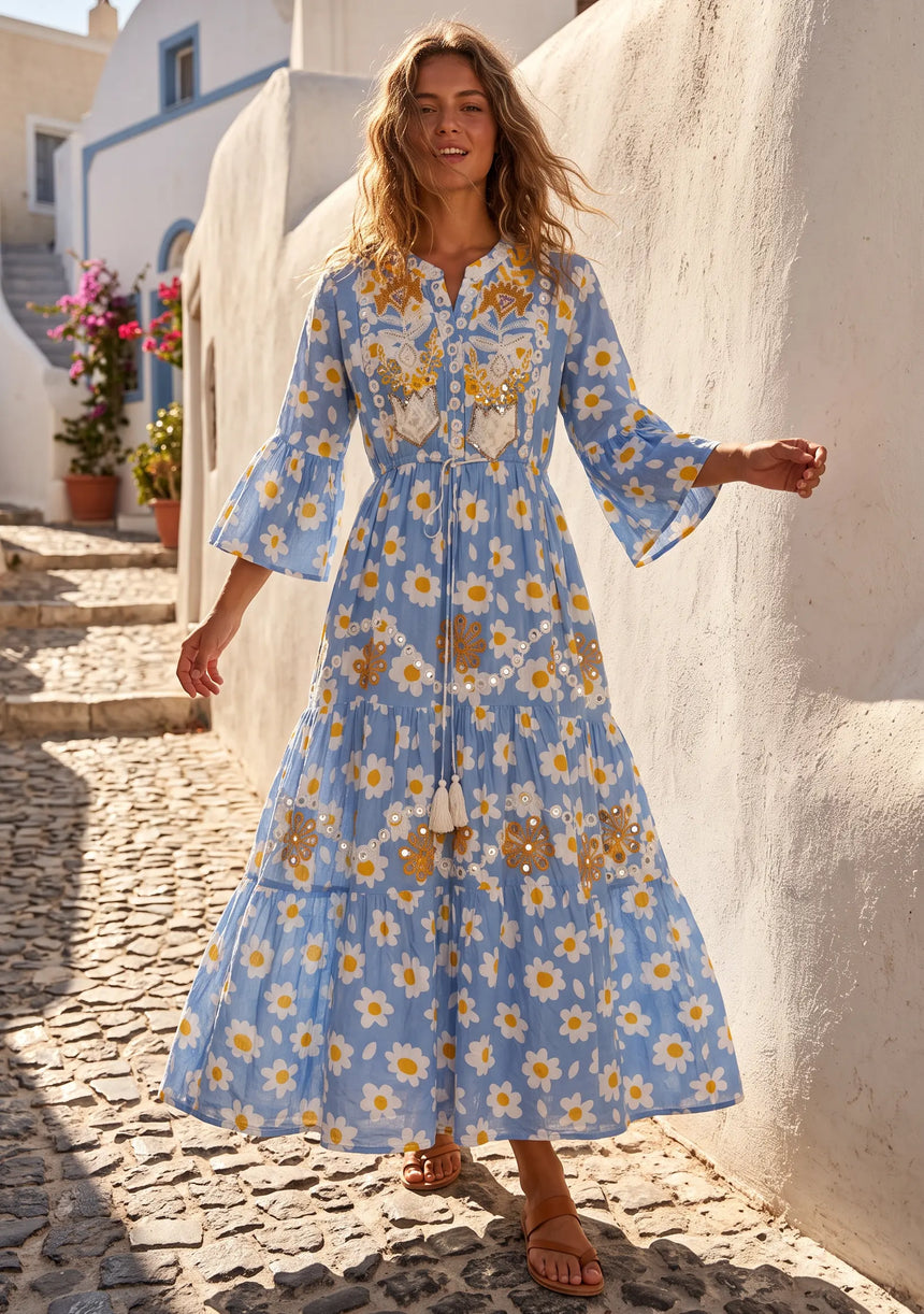 ibBan Denim Blue Floral Printed Cotton Long Tunic - Flobis