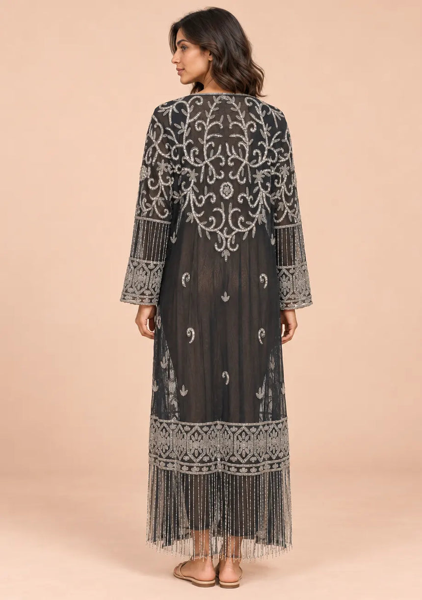 ibBan Black Kaftan Dress with Silver Hand Embroidery -