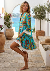 ibBan Printed Cotton Hand Embroidered Short Tunic Dress -Romy
