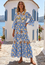 ibBan Denim Blue Floral Printed Cotton Long Tunic - Flobis