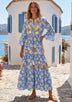 ibBan Denim Blue Floral Printed Cotton Long Tunic - Flobis