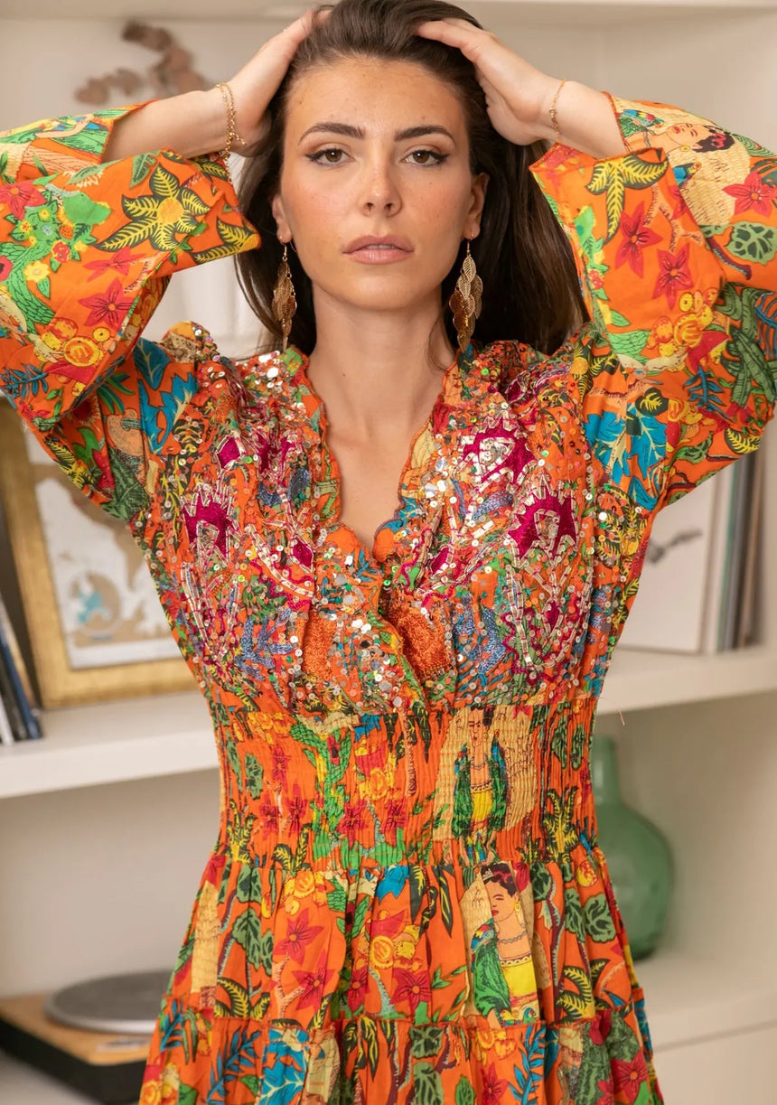 ibBan Hand Embroidered Cotton High-Low Maxi Dress - Zayba