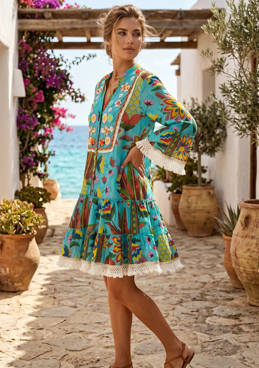 ibBan Printed Cotton Hand Embroidered Short Tunic Dress -Romy