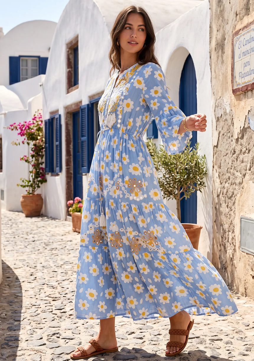 ibBan Denim Blue Floral Printed Cotton Long Tunic - Flobis