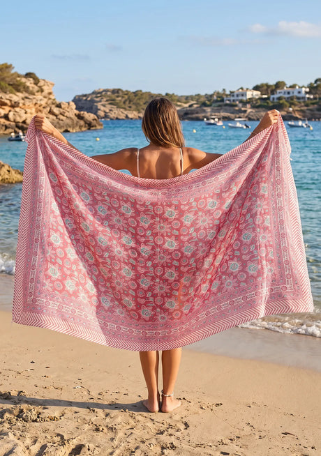 Pink Cotton Voile Beach Pareo for Women | ibBan Resort Collection - Zalo
