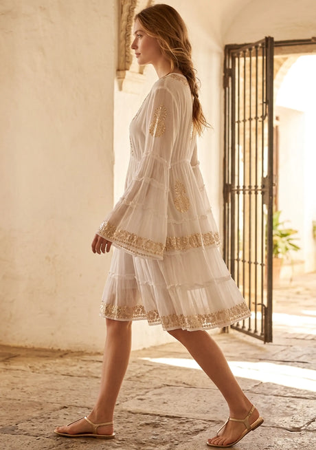 Minivestido de algodón bordado a mano con cuello en V para mujer - Anvi