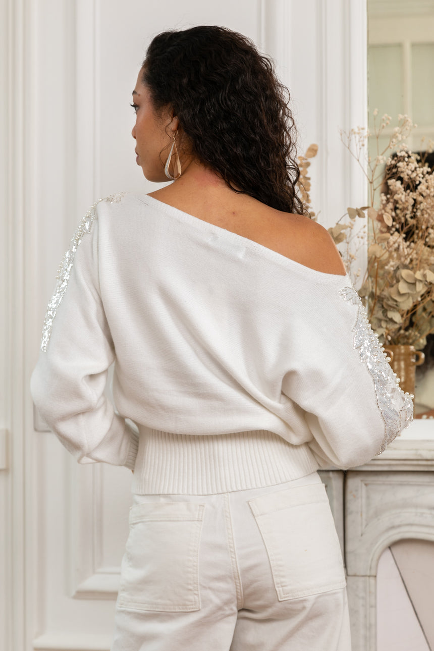 ibBan Women's White Hand Embroidered Winter Knit Sweater - Miranda