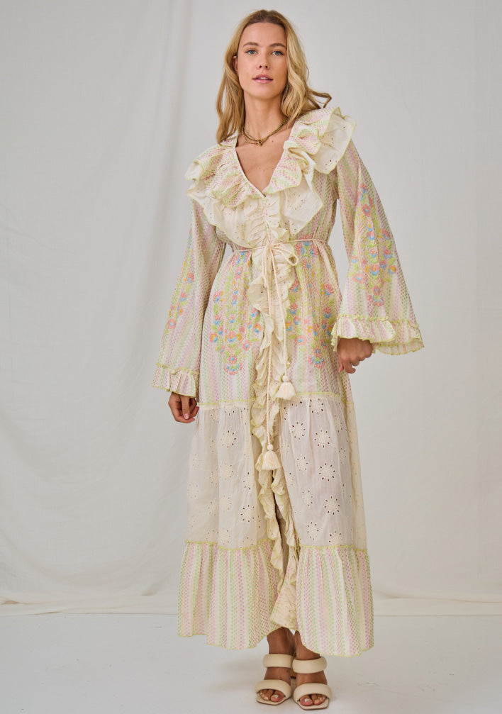 Ibban Cream Cotton Hand-Embroidered Summer Maxi Dress -Doha