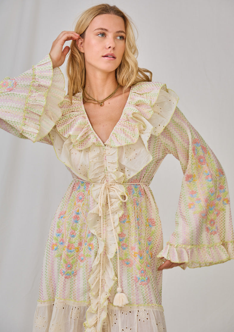 Ibban Cream Cotton Hand-Embroidered Summer Maxi Dress -Doha