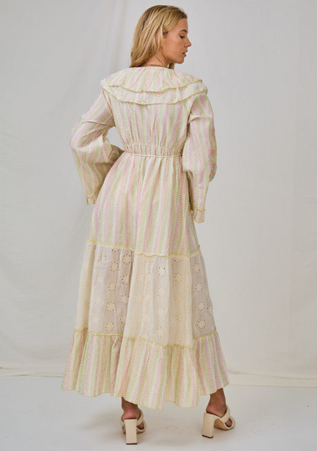 Ibban Cream Cotton Hand-Embroidered Summer Maxi Dress -Doha