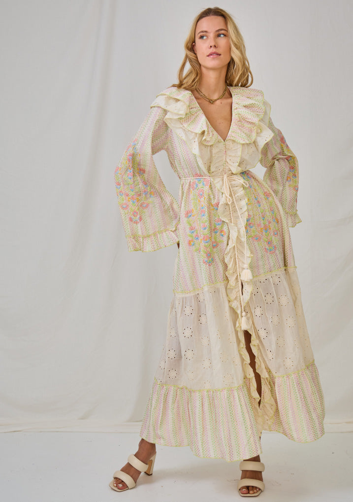 Ibban Cream Cotton Hand-Embroidered Summer Maxi Dress -Doha
