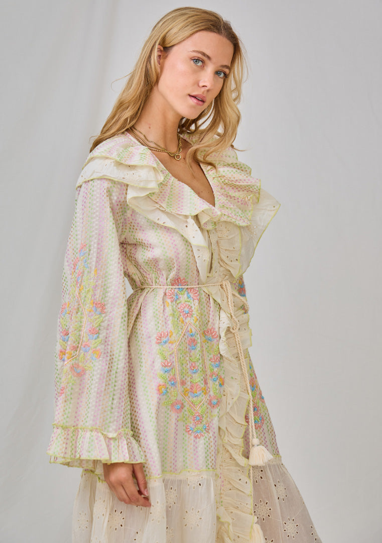 Ibban Cream Cotton Hand-Embroidered Summer Maxi Dress -Doha