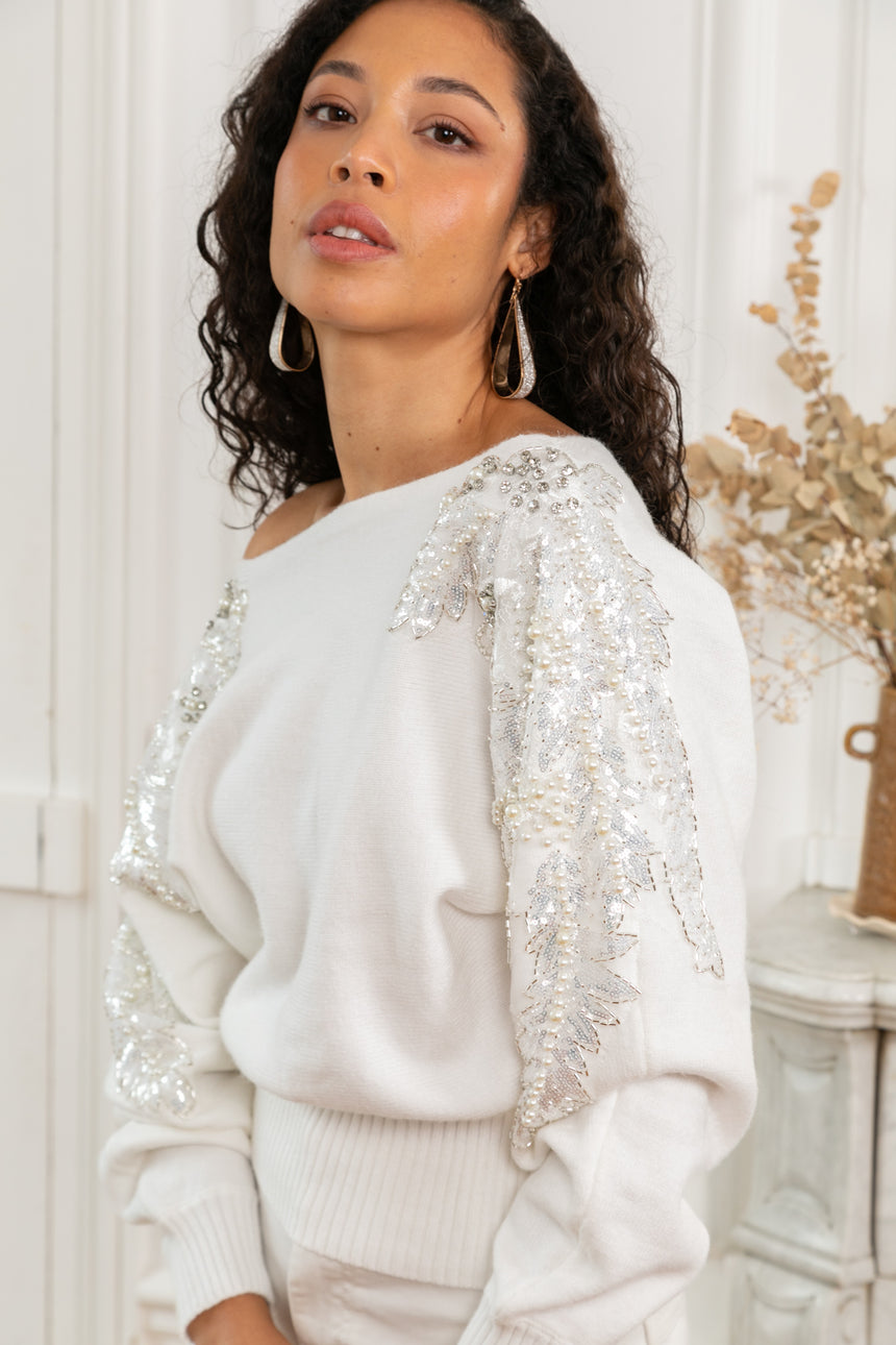 ibBan Women's White Hand Embroidered Winter Knit Sweater - Miranda
