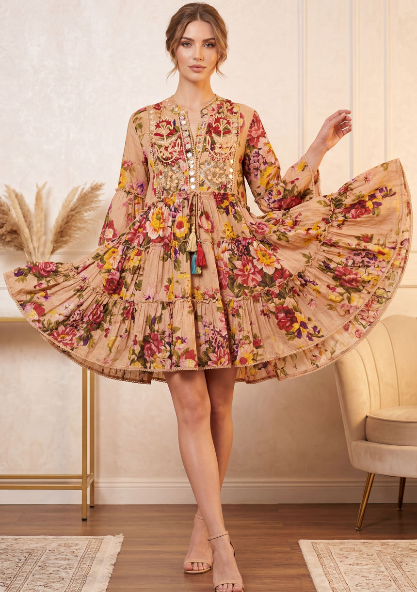 ibBan Premium Printed Cotton Short Tunic Dress with Hand Embroidery -Aysha