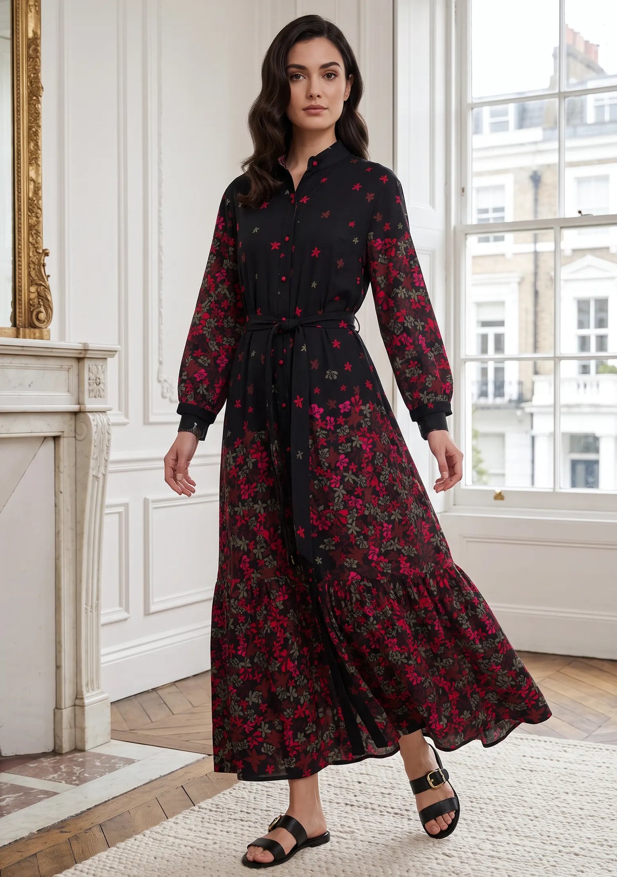 ibBan Black Printed Cotton Long Dress for Women - Asrar