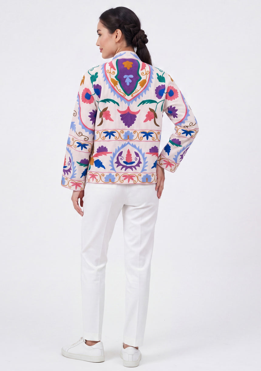 ibBan Women's Hand Embroidered Cotton Canvas Jacket - Ziva | Artisan Boho