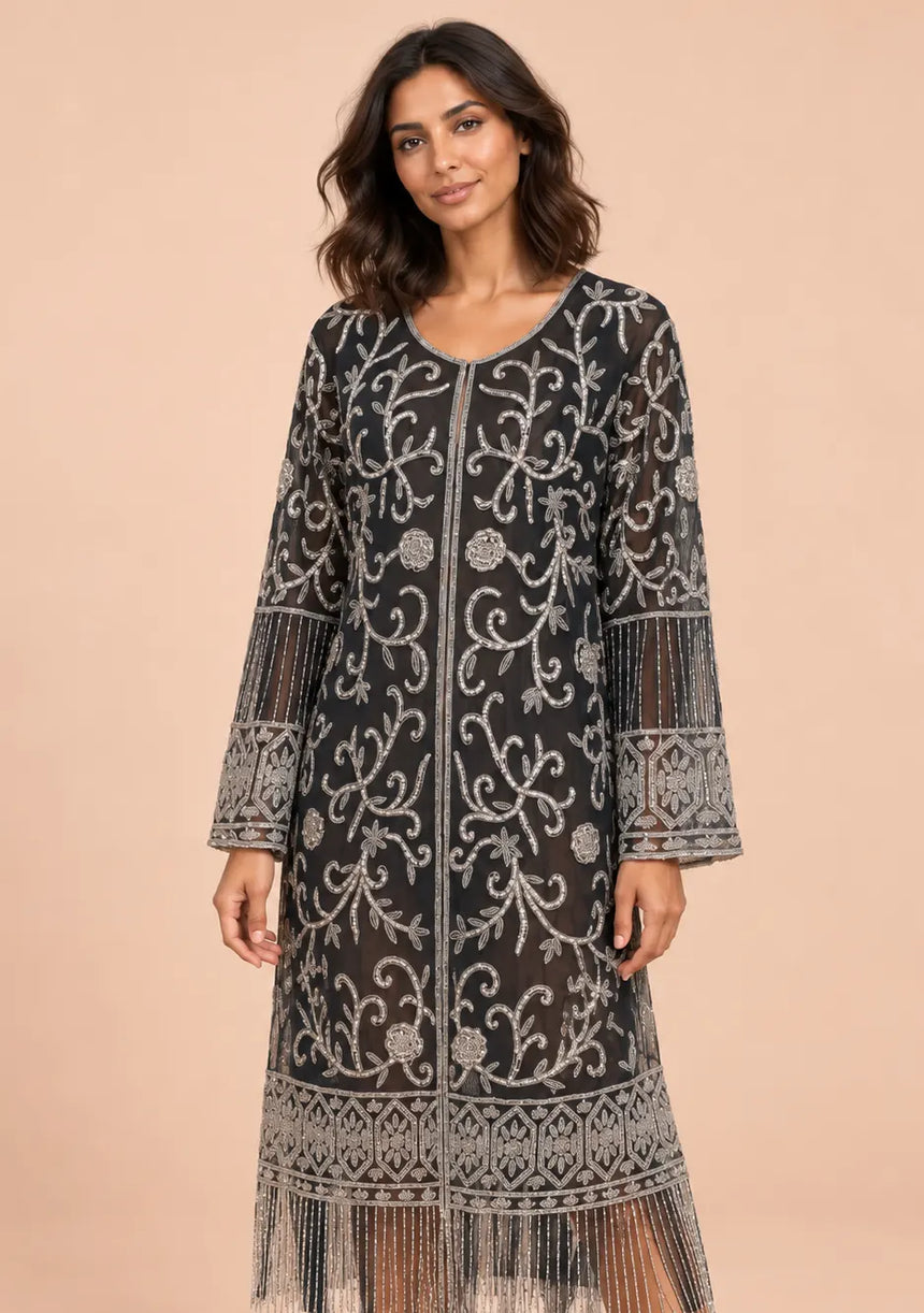 ibBan Black Kaftan Dress with Silver Hand Embroidery -