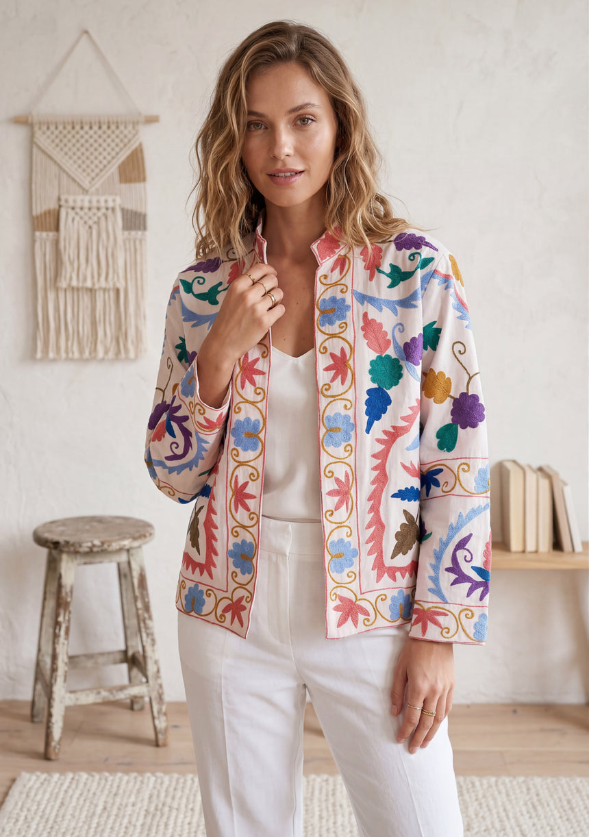ibBan Women's Hand Embroidered Cotton Canvas Jacket - Ziva | Artisan Boho