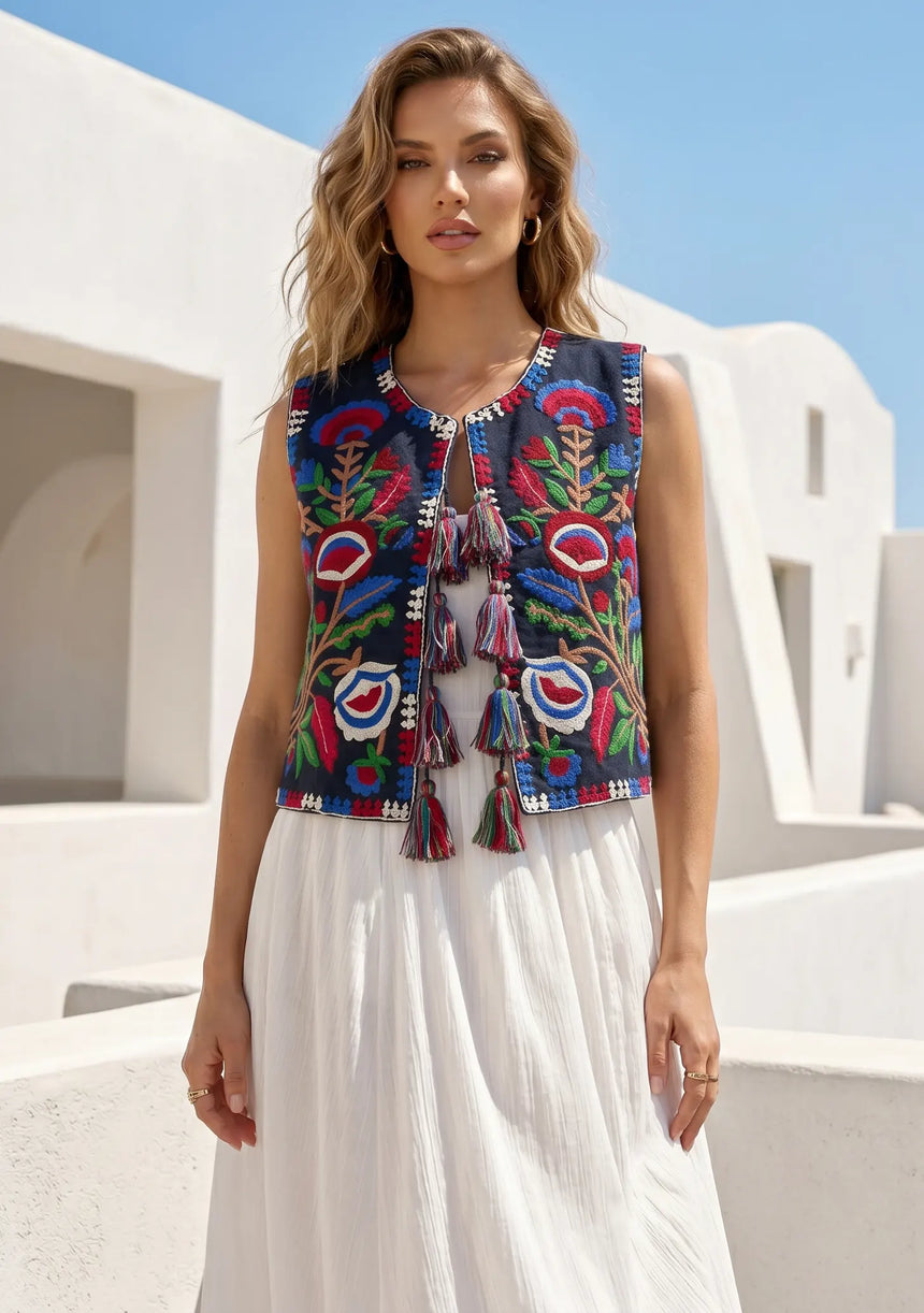 ibBan Hand Embroidered Winter Vest for Women | Designer Boho Layering Vest - Riza