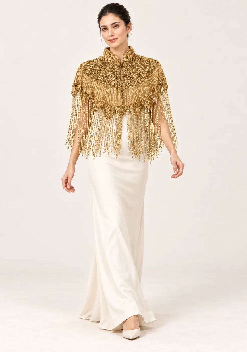 ibBan Gold Luxury Embroidered Evening Cape -Efli