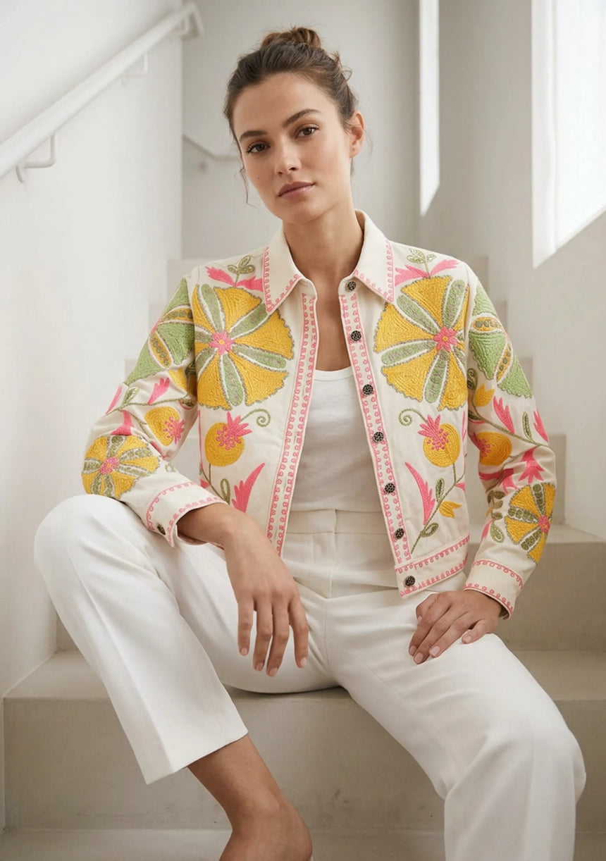 Women's Artisan Hand Embroidery Canvas Jacket - Meliah
