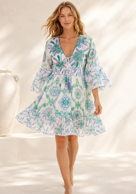 Minivestido de algodón con cuello en V para mujer - Kiran