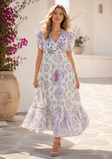 Maxivestido de algodón con cuello en V para mujer - Kiran