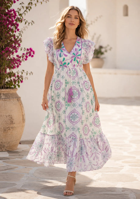 Maxivestido de algodón con cuello en V para mujer - Kiran