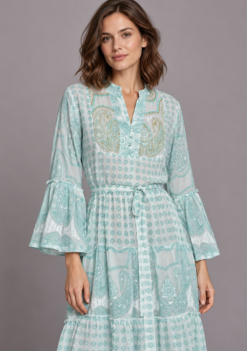 ibBan Túnica Larga de Mujer Mayra | Algodón Estampado | Bordado a Mano | Talla Única