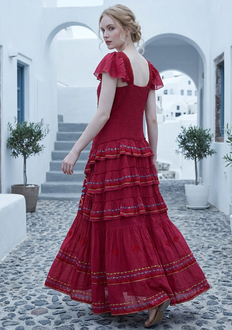 Maxivestido de algodón bordado a mano con cuello en V para mujer - Simi