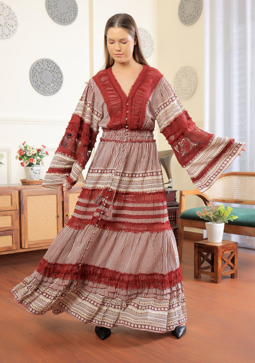 ibBan Women's Long Dress  | Hand Embroidery | Lace | Free Size - Jade