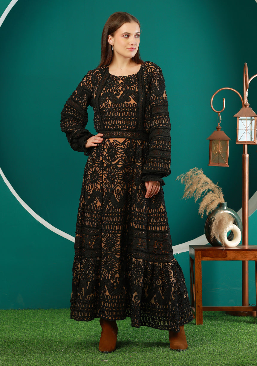 ibBan Winter Embroidered Long Dress | Elegant Women's Occasion Wear - Dori