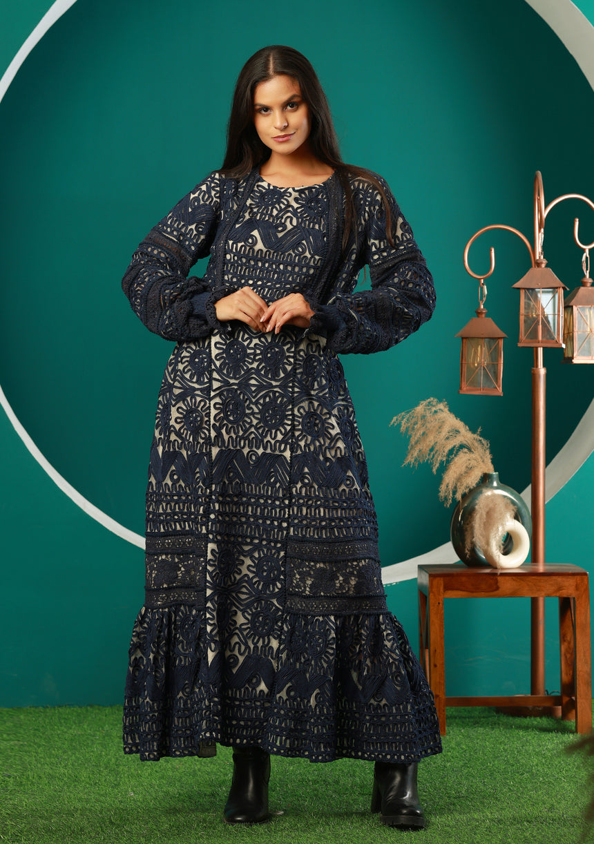 ibBan Winter Embroidered Long Dress | Elegant Women's Occasion Wear - Dori