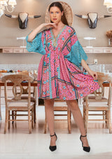 Women's Printed Silk Short Dress V-Neck - Ruby