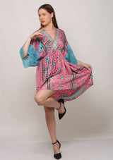 Women's Printed Silk Short Dress V-Neck - Ruby
