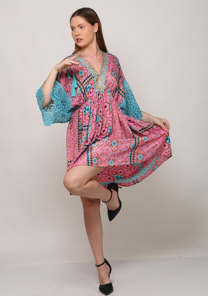 Women's Printed Silk Short Dress V-Neck - Ruby