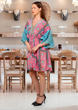 Women's Printed Silk Short Dress V-Neck - Ruby