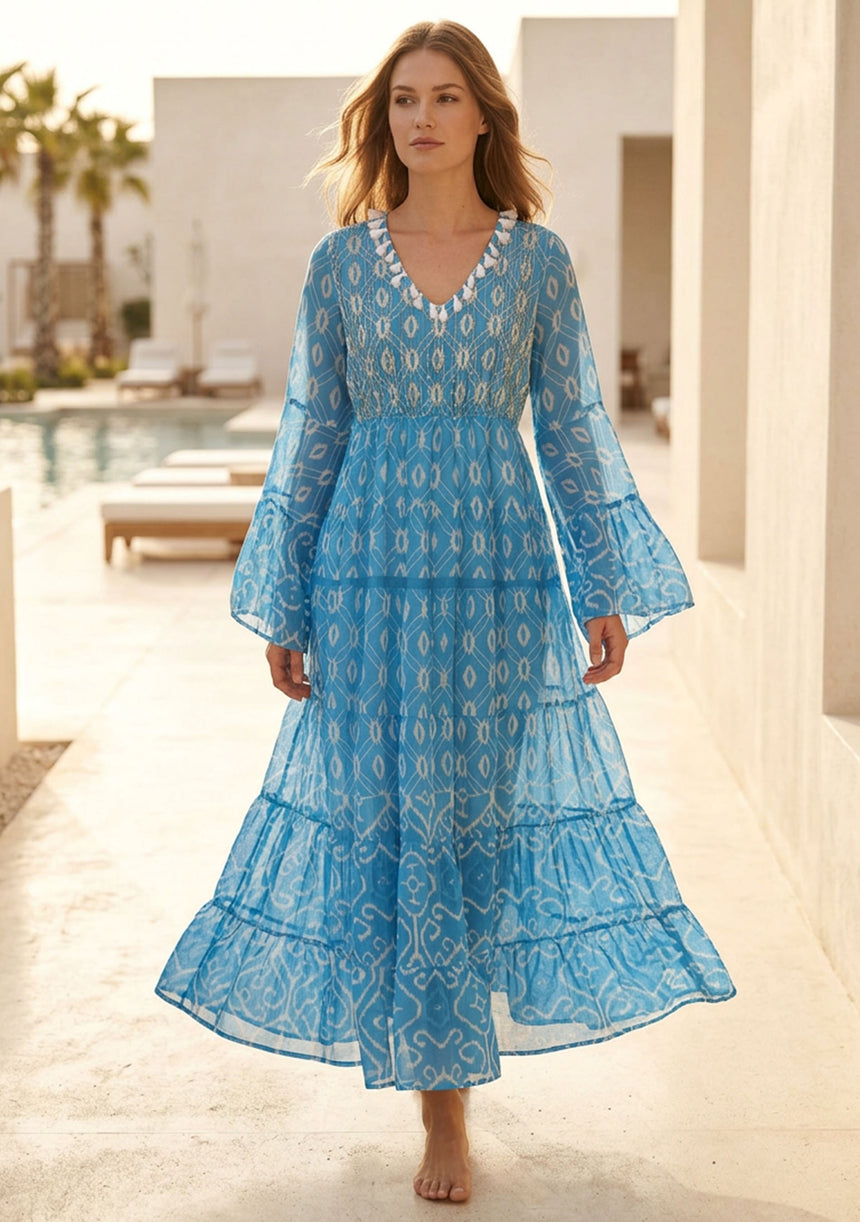 Vestido largo de lino con cuello en V para mujer - Jumbiya