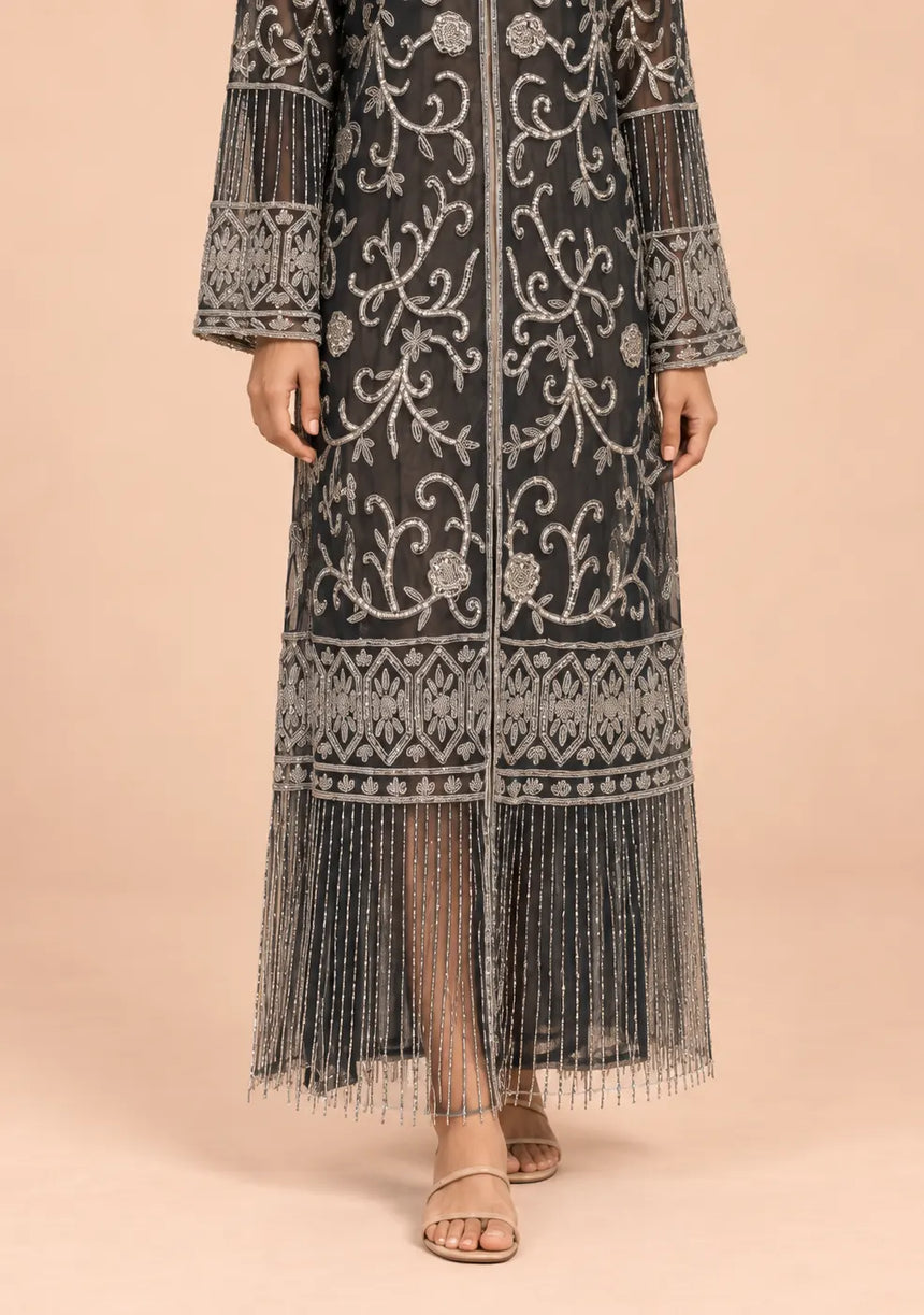 ibBan Black Kaftan Dress with Silver Hand Embroidery -
