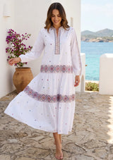 ibBan Premium Cotton Hand Embroidered Long Tunic Collar Dress | Boho Dress -Karin