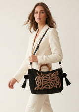 Bolso de mano de lona bordado para mujer - Avellana