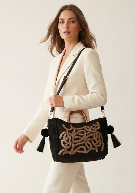Bolso de mano de lona bordado para mujer - Avellana