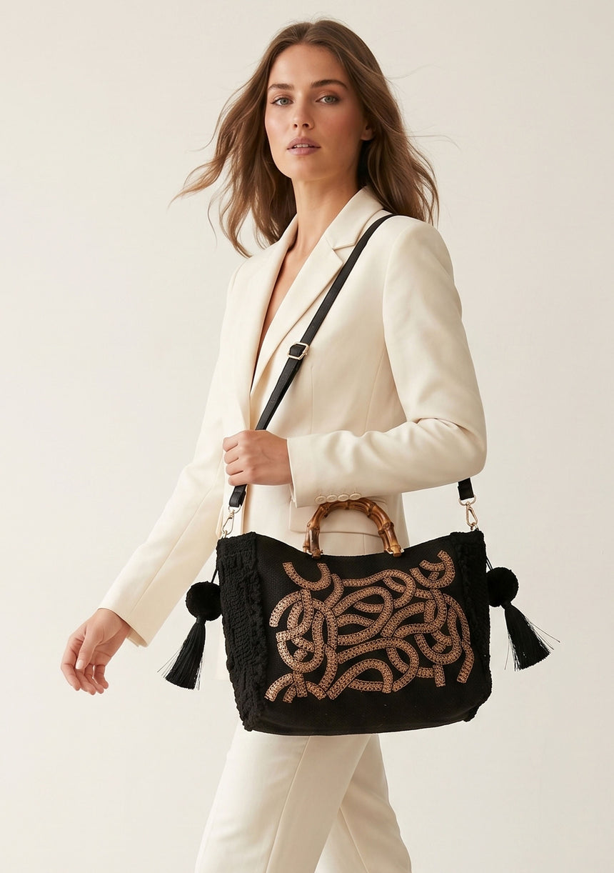 Bolso de mano de lona bordado para mujer - Avellana