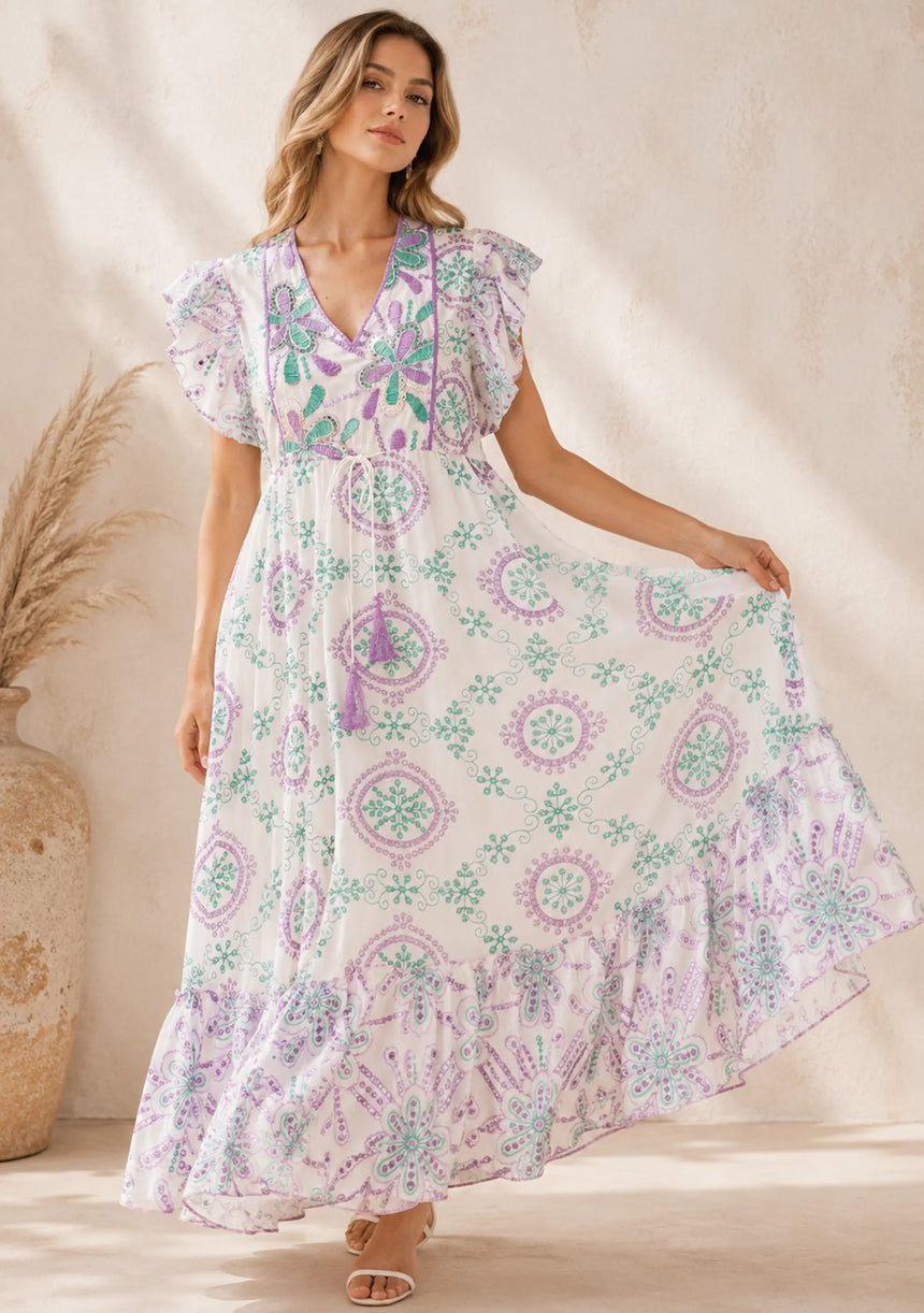 Maxivestido de algodón con cuello en V para mujer - Kiran