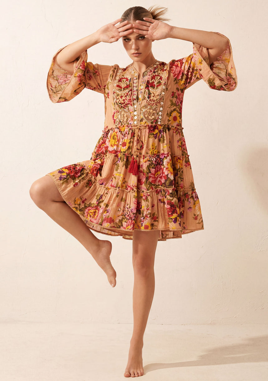 ibBan Premium Printed Cotton Short Tunic Dress with Hand Embroidery -Aysha
