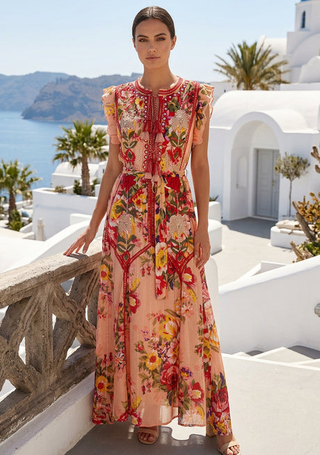 Women's Hand Embroidered Printed Cotton Long Dress Round Tie-Up Neck- Asia