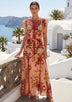 Women's Hand Embroidered Printed Cotton Long Dress Round Tie-Up Neck- Asia
