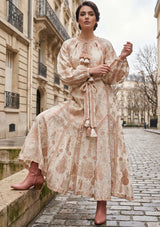 ibBan Beige Hand Embroidered Winter Maxi Dress | Cotton Lurex Luxury Dress - Efnan